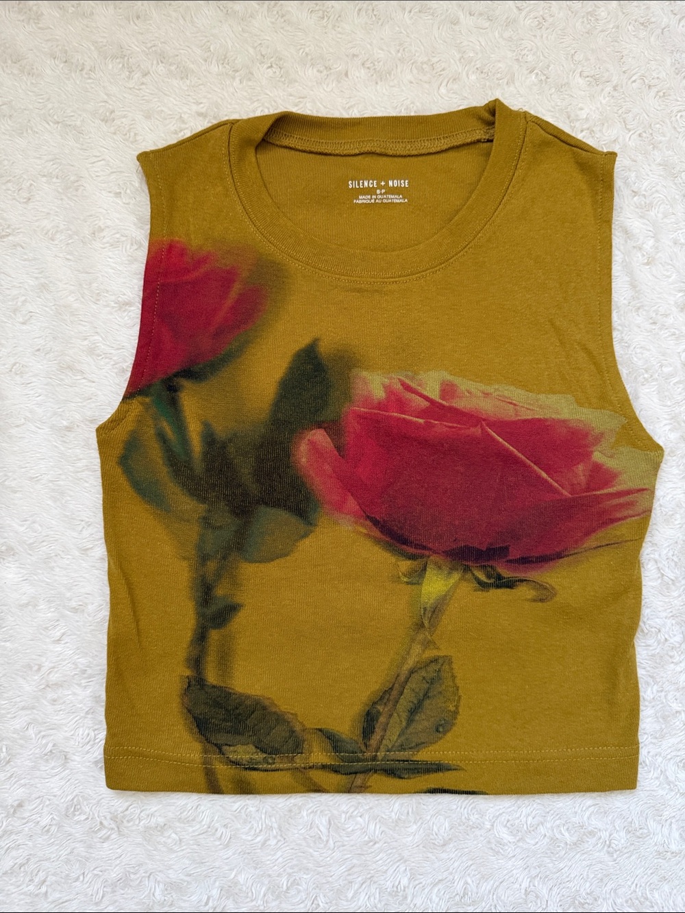 silence + noise olive tank with red rose graphic